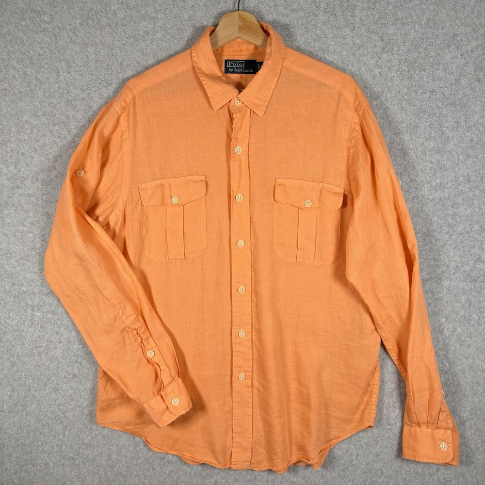 VTG Polo Ralph Lauren Linen Button Down Shirt Mens Large Coral Pockets Coastal